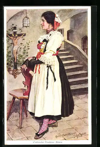 Künstler-AK Ritten, Italienerin in Südtiroler Tracht vor Jesuskreuz