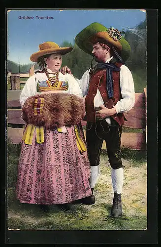 AK Mann und Frau in Grödner Trachten
