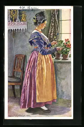 Künstler-AK Alt-Bozen, Italienerin in Tracht am Fenster