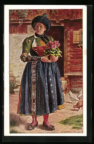 Künstler-AK Italienerin mit Blumentopf aus dem mittleren Pustertal, Alpen Volkstrachten