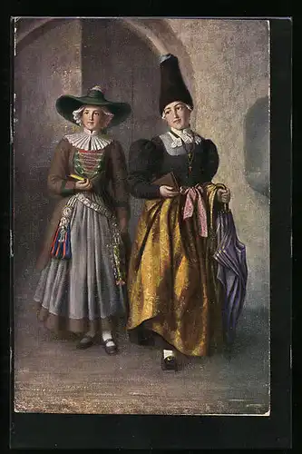 Künstler-AK Val Gardena, Zwei Italienerinnen in Tracht