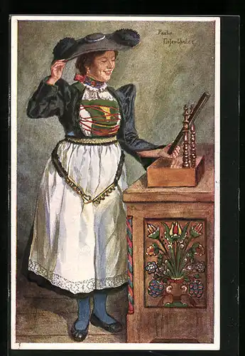 Künstler-AK Enneberg, Italienerin in Tracht vor dem Spiegel