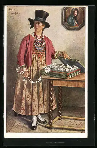 Künstler-AK Ampezzo, Italienerin in Tracht mit Spitze