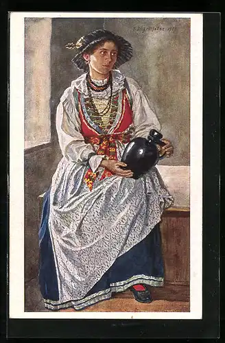 Künstler-AK Fassatal, Italienerin in Tracht mit Krug