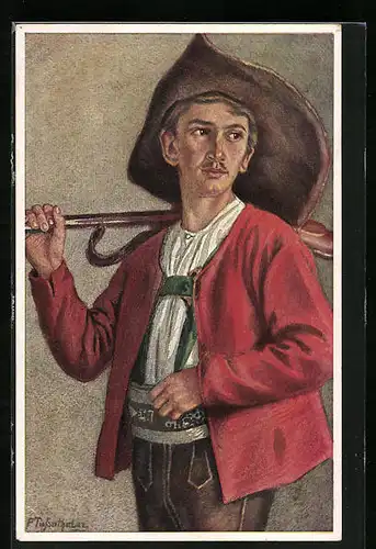 AK Sarntaler in Tracht mit einem Gewehr