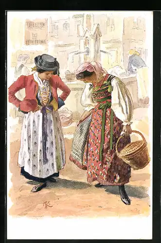 Künstler-AK Cortina d`Ampezzo, Zwei Italienerinnen in Tracht