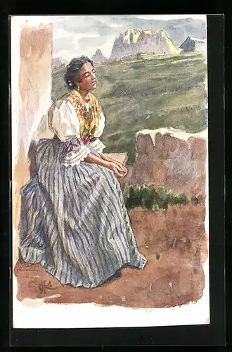 Künstler-AK Tirolerin in Tracht vor Bergkulisse