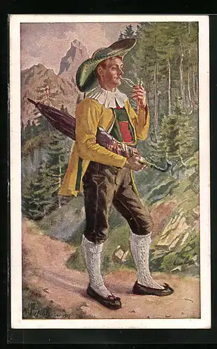 Künstler-AK Wandersbursche mit Pfeife und Schirm in Tracht aus dem Eggental