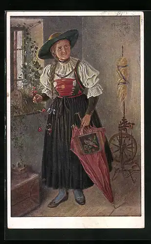 AK Junge Frau mit Schirm in Tracht aus dem Pfitschtal am Brenner