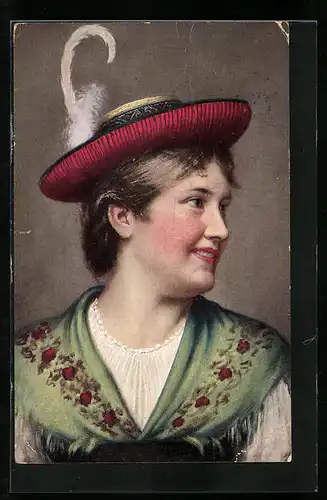 AK Junge Italienerin in Tracht mit Federhut