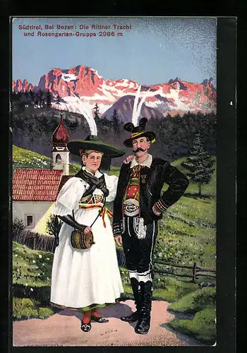 AK Paar in Rittner Tracht vor der Rosengarten-Gruppe