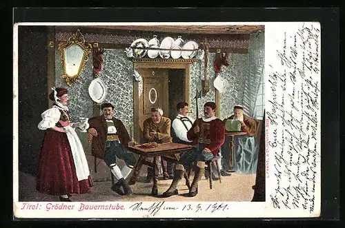 AK Grödner Bauernstube mit Familie in Tracht