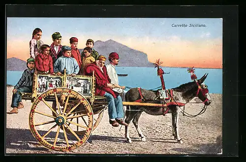 AK Männer und Kinder in einem Sizilianischen Eselskarren