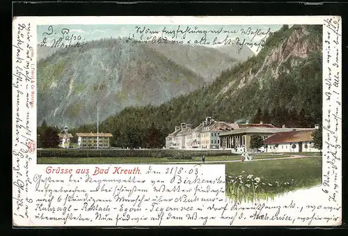 AK Bad Kreuth, Gebäudepartie mit Gebirgswand