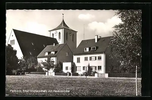 AK Fellbach, Ernst-Wichert-Platz mit Pauluskirche