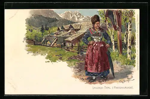 Künstler-AK Fritz Bergen: Loisach-Thal /Partenkirchen, Frau in bayerischer Tracht