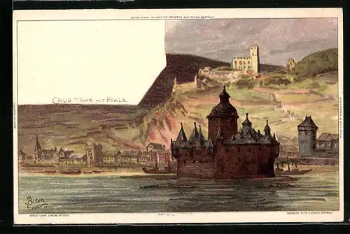 Künstler-AK Carl Biese: Caub /Rhein, Teilansicht der Stadt