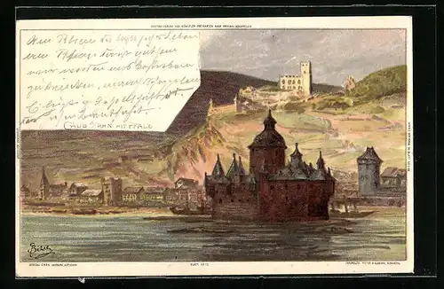 Künstler-AK Carl Biese: Caub am Rhein mit Pfalz