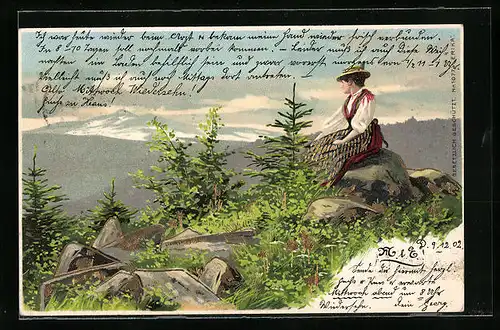 Lithographie Frau in Tracht mit Hut auf Berggipfel, Pfingsten