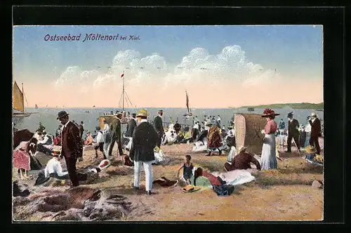 AK Möltenort bei Kiel, Strandleben mit Badegästen und Strandkörben