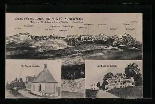 AK St. Anton, St. Anton Kapelle, Gasthaus z. Rössli, Alpenpanorama