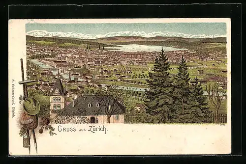 Lithographie Zürich, Teilansicht, Wanderstab & Hut