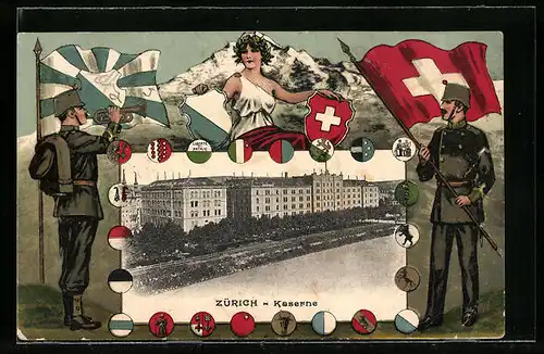 AK Zürich, Partie einer Kaserne, Helvetia, Soldaten mit Standarten