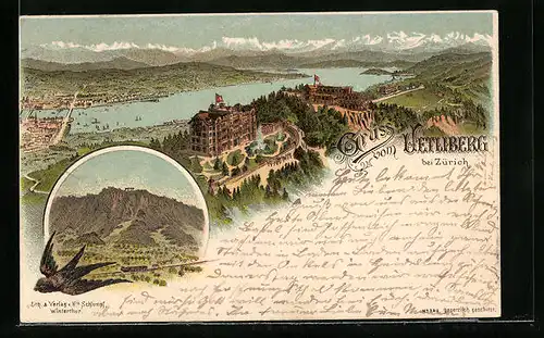 Vorläufer-Lithographie Uetliberg bei Zürich, Totalansicht mit Zürichsee, 1893