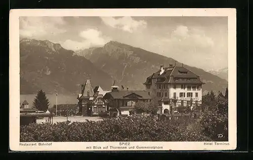 AK Spiez, Restaurant Bahnhof, Hotel Terminus, Thunersee und Gemmenalphorn