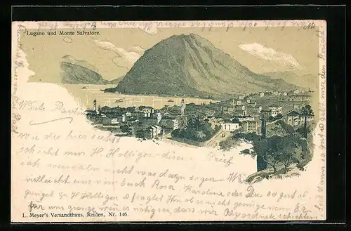Lithographie Lugano, Totalansicht mit Monte Salvatore