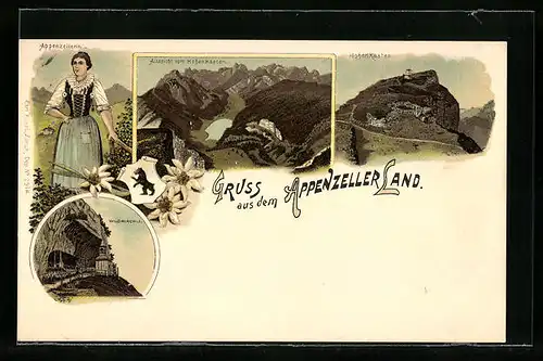 Lithographie Appenzell, Aussicht vom Hohenkasten, Wildkirchli, Edelweiss, Wappen