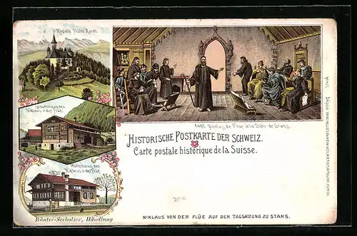 Lithographie Stans, Kapelle Flühli-Ranft, Nicolas de Flue à la Diete de Stans, Geburtshaus des Nikolaus von der Flüe