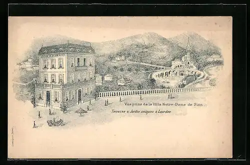 Lithographie Sion, Vue prise de la Villa Notre-Dame, Terrasse a Jardin uniques à Lourdes