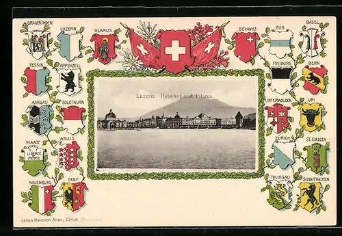 Präge-AK Luzern, Bahnhof und Pilatus, Wappen der Kantone