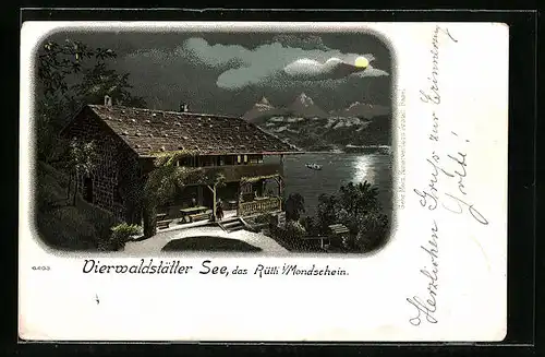Lithographie Rütli /Vierwaldstätter See, Gasthaus Rütli im Mondschein