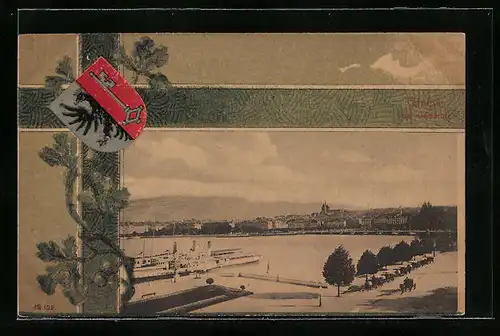 AK Genf, Teilansicht mit See, Wappen