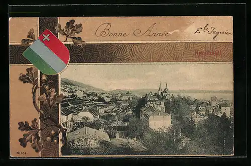 AK Neuchâtel, Teilansicht der Stadt, Bonne Année, Wappen