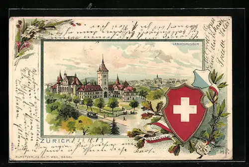 Lithographie Zürich, Landesmuseum mit Strassenbahn