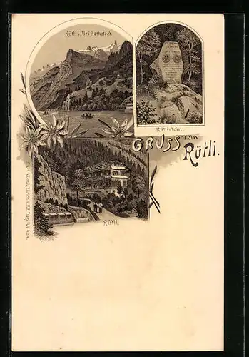 Lithographie Rütli, Ortsansicht mit Rütlistein