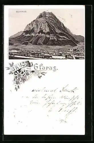 Lithographie Glarus, Ortsansicht aus der Vogelschau