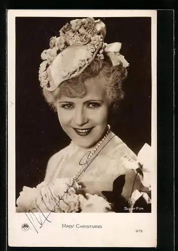 AK Schauspielerin Mady Christians mit Blumenhut, mit original Autograph