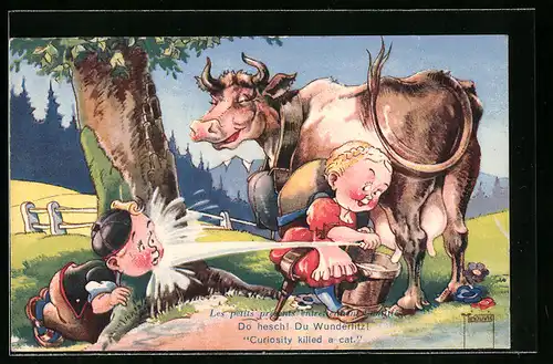 Künstler-AK Paul Minouvis: Do hesch! Du Wunderfitz! Curiosity killed a cat