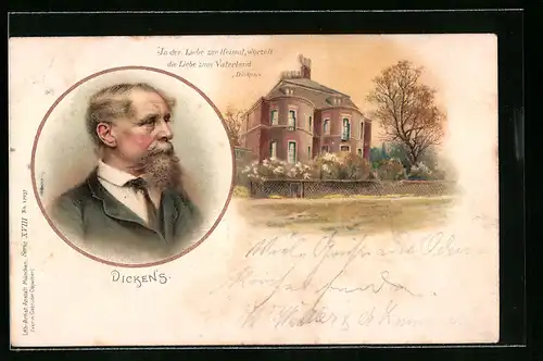 Lithographie Portrait Charles Dickens mit Geburtshaus, Vers