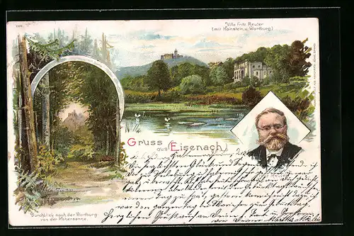 Lithographie Eisenach, Villa Fritz Reuter, Blick auf die Wartburg, Portrait Fritz Reuter