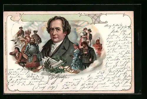 Lithographie Goethe im Portrait und Figuren seiner Stücke