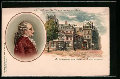 Lithographie Pierre-Augustin Caron de Beaumarchais, Paris-Maison mortuaire de Beaumarchais