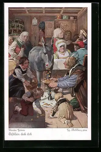 Künstler-AK Georg Mühlberg: Märchen der Gebrüder Grimm, Tischlein deck dich, Goldesel
