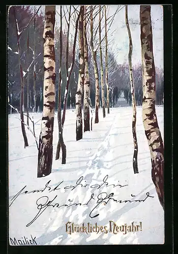 Künstler-AK Alfred Mailick: Glückliches Neujahr, Verschneite Waldlandschaft
