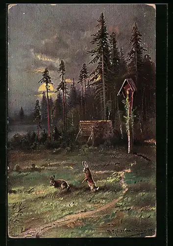 Künstler-AK M. Müller jun.: Hasenpärchen vor einem Wegkreuz