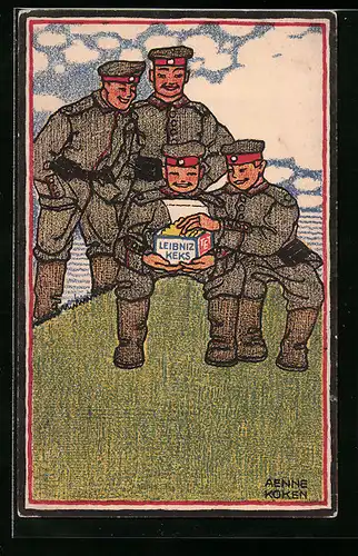 Künstler-AK Änne Koken: Soldaten mit einer Schachtel Leibnitz Kekse, Reklame